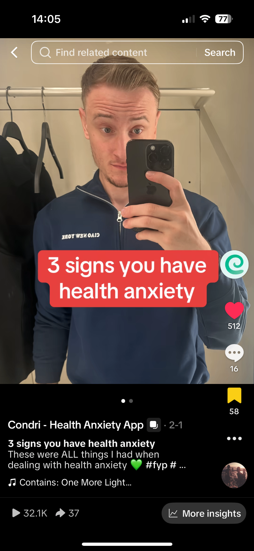 Condri TikTok video titled '3 signs you have health anxiety' — a native talking-head carousel from the Condri - Health Anxiety App account. 32.1K plays, 512 likes, 16 comments, 58 saves, 37 shares.