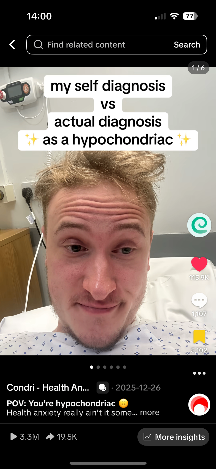 Condri TikTok carousel titled 'my self diagnosis vs actual diagnosis as a hypochondriac' showing the creator in a hospital bed. 3.3M plays, 115.9K likes, 1,107 comments, 5,102 saves, 19.5K shares.