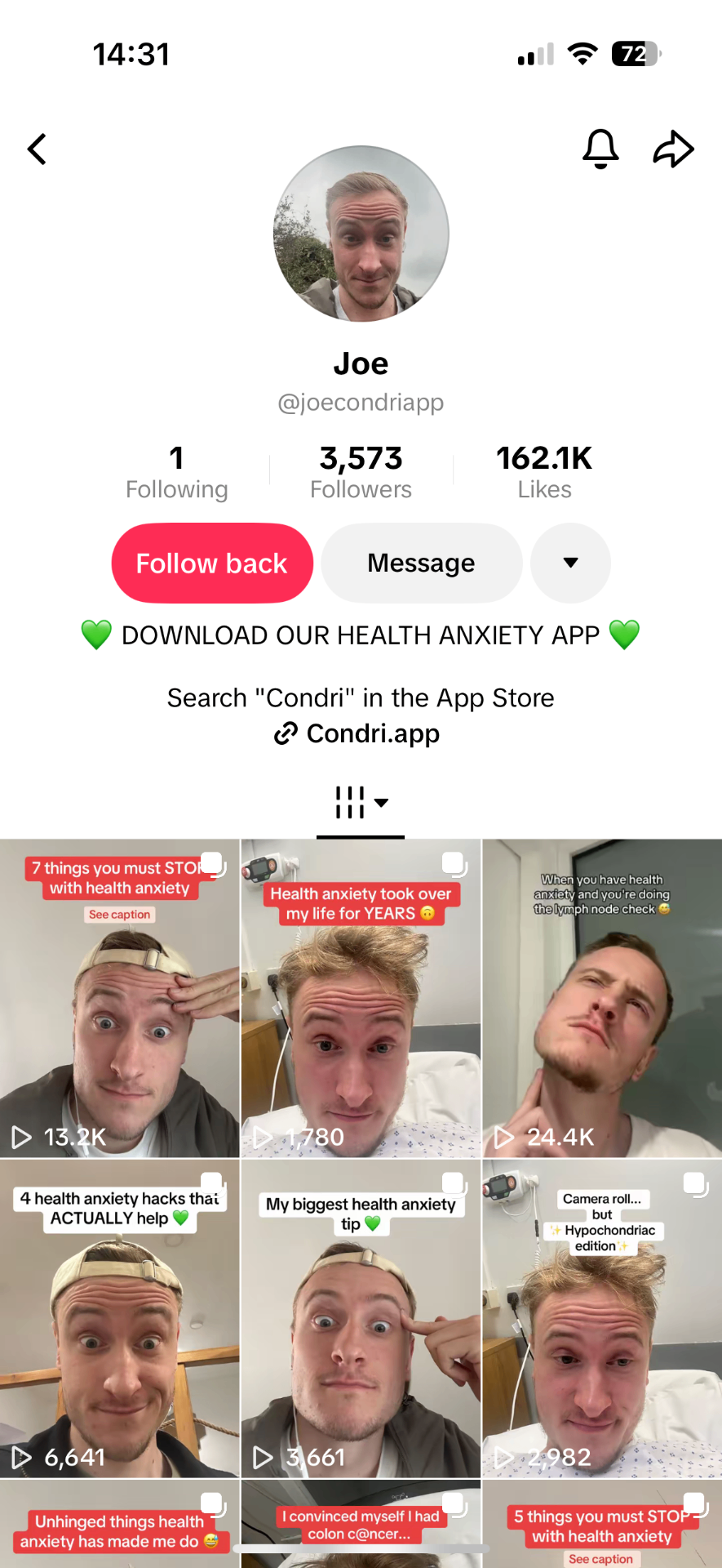 TikTok profile @joecondriapp 'Joe' with 3,573 followers and 162.1K likes, bio reading 'DOWNLOAD OUR HEALTH ANXIETY APP — Search Condri in the App Store', grid showing health anxiety video formats.