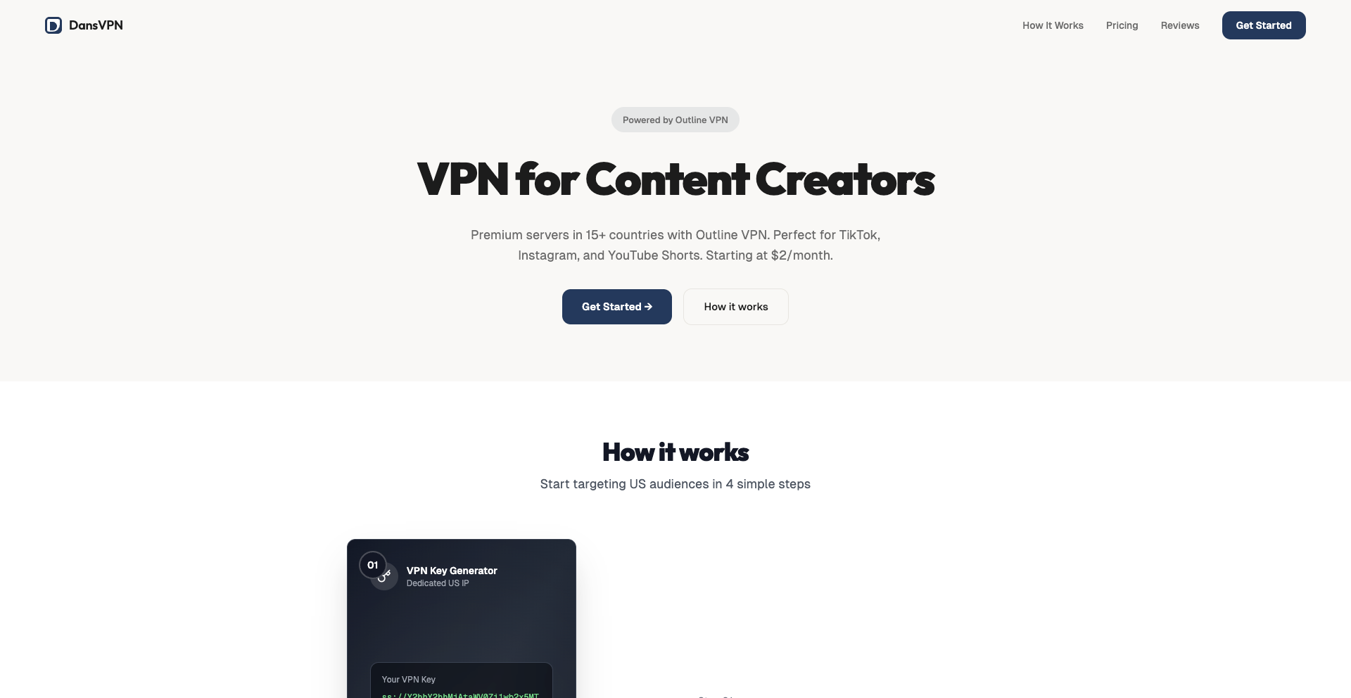DansVPN landing page — VPN for Content Creators, powered by Outline VPN, with premium servers in 15+ countries for TikTok, Instagram and YouTube Shorts.