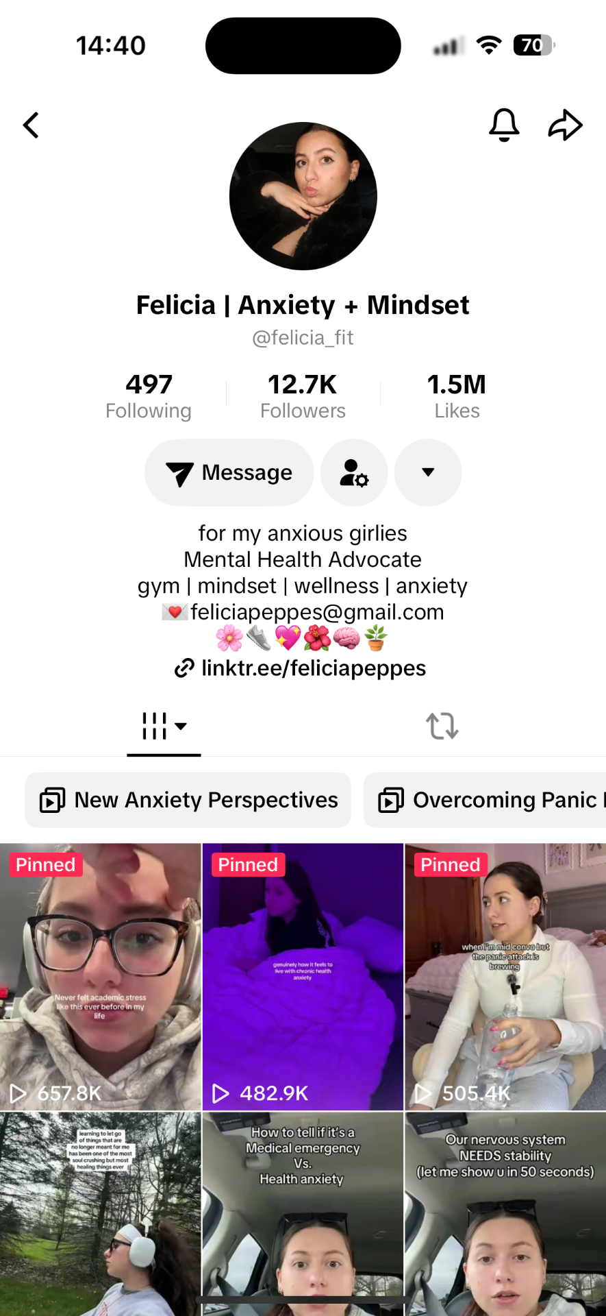 TikTok profile of @felicia_fit 'Felicia | Anxiety + Mindset' — 12.7K followers, 1.5M likes, with pinned health anxiety videos pulling 657.8K, 482.9K and 505.4K views.