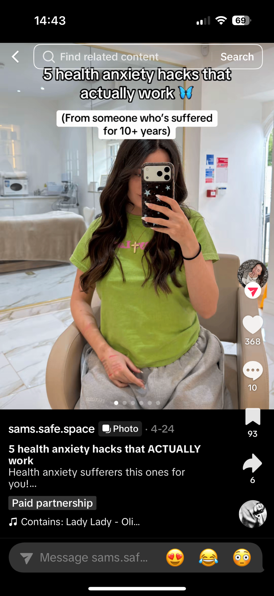TikTok post by @sams.safe.space titled '5 health anxiety hacks that ACTUALLY work (From someone who's suffered for 10+ years)' — marked Paid partnership.