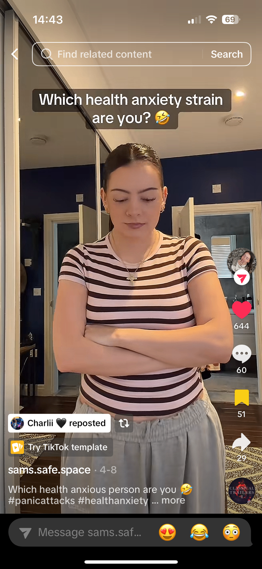 TikTok post by @sams.safe.space titled 'Which health anxiety strain are you?' with hashtags #panicattacks and #healthanxiety.