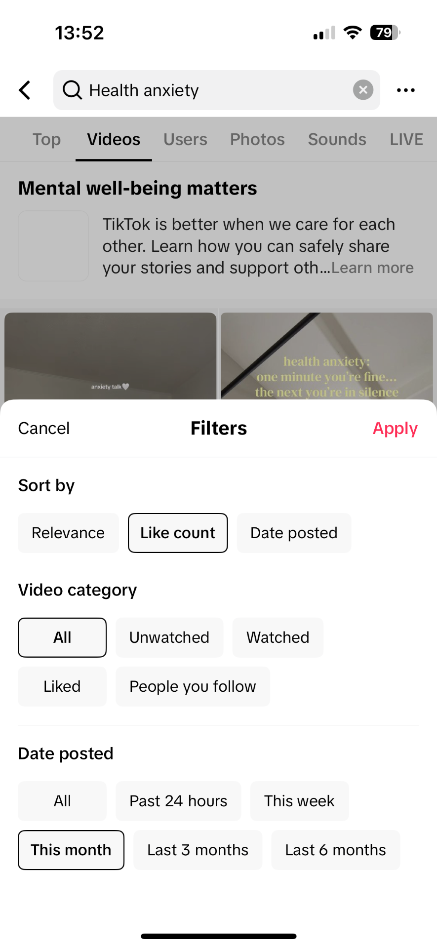 TikTok search for 'Health anxiety' with the Filters sheet open, showing Sort by Like count and Date posted This month selected.